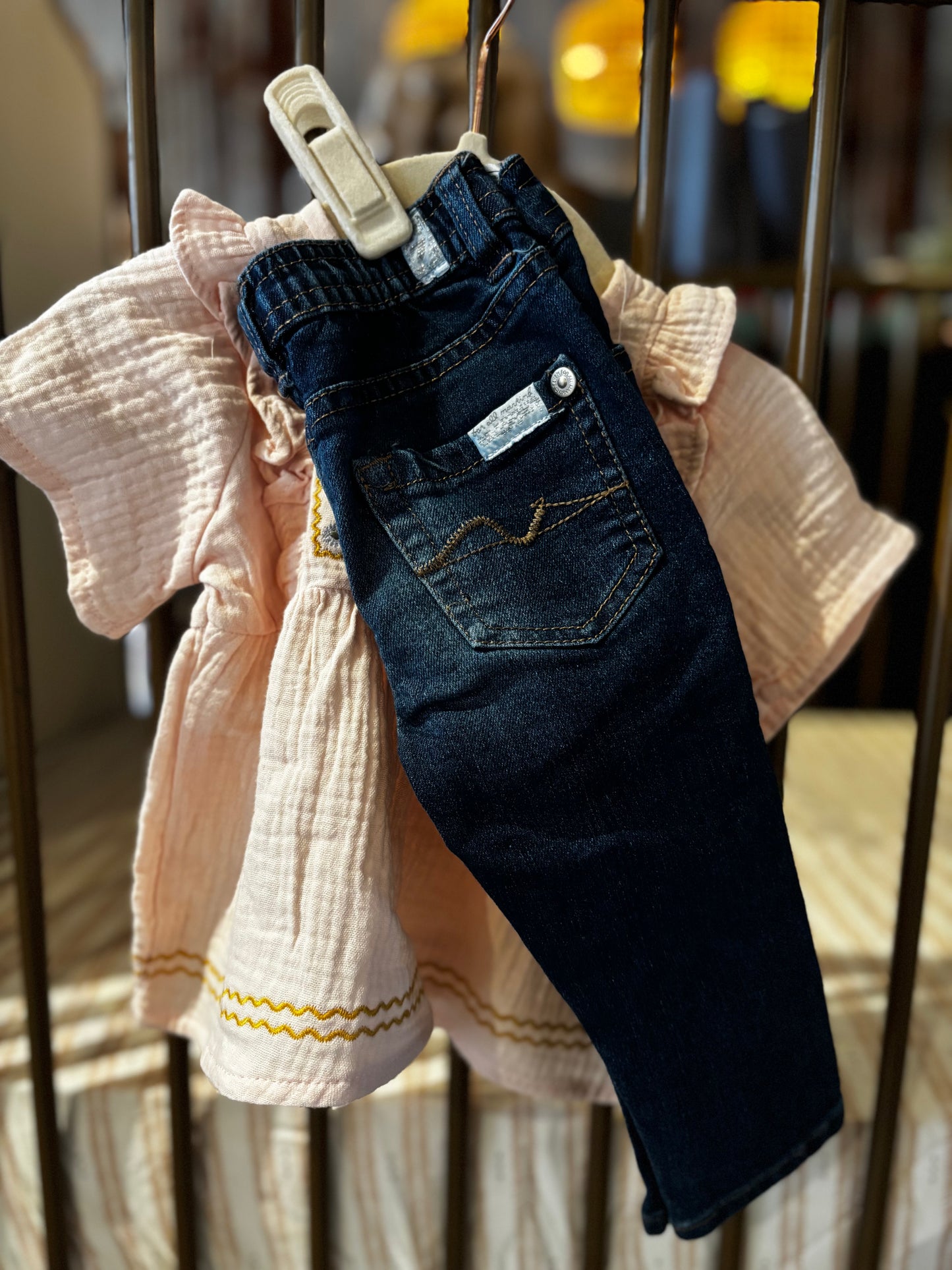 7's Pink Floral Embroidered Shirt And Denim Jean Set