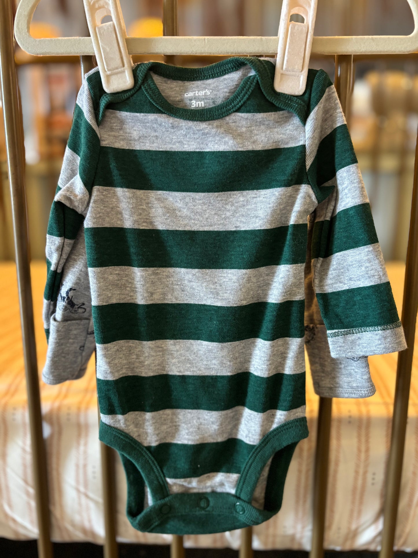 Carter's Striped Green & Gray Dino Onesies
