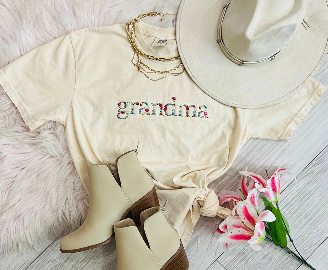 Grandma Floral Embroidered Ivory Tee