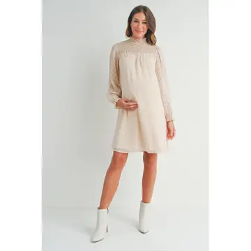 Cream Long Sleeve Mock Neck Maternity Dress