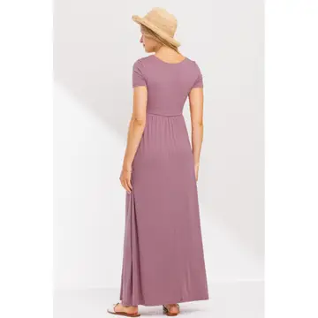 Mauve Round Neck Short Sleeve Maternity Maxi Dress