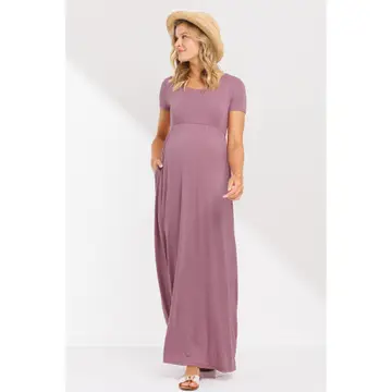 Mauve Round Neck Short Sleeve Maternity Maxi Dress
