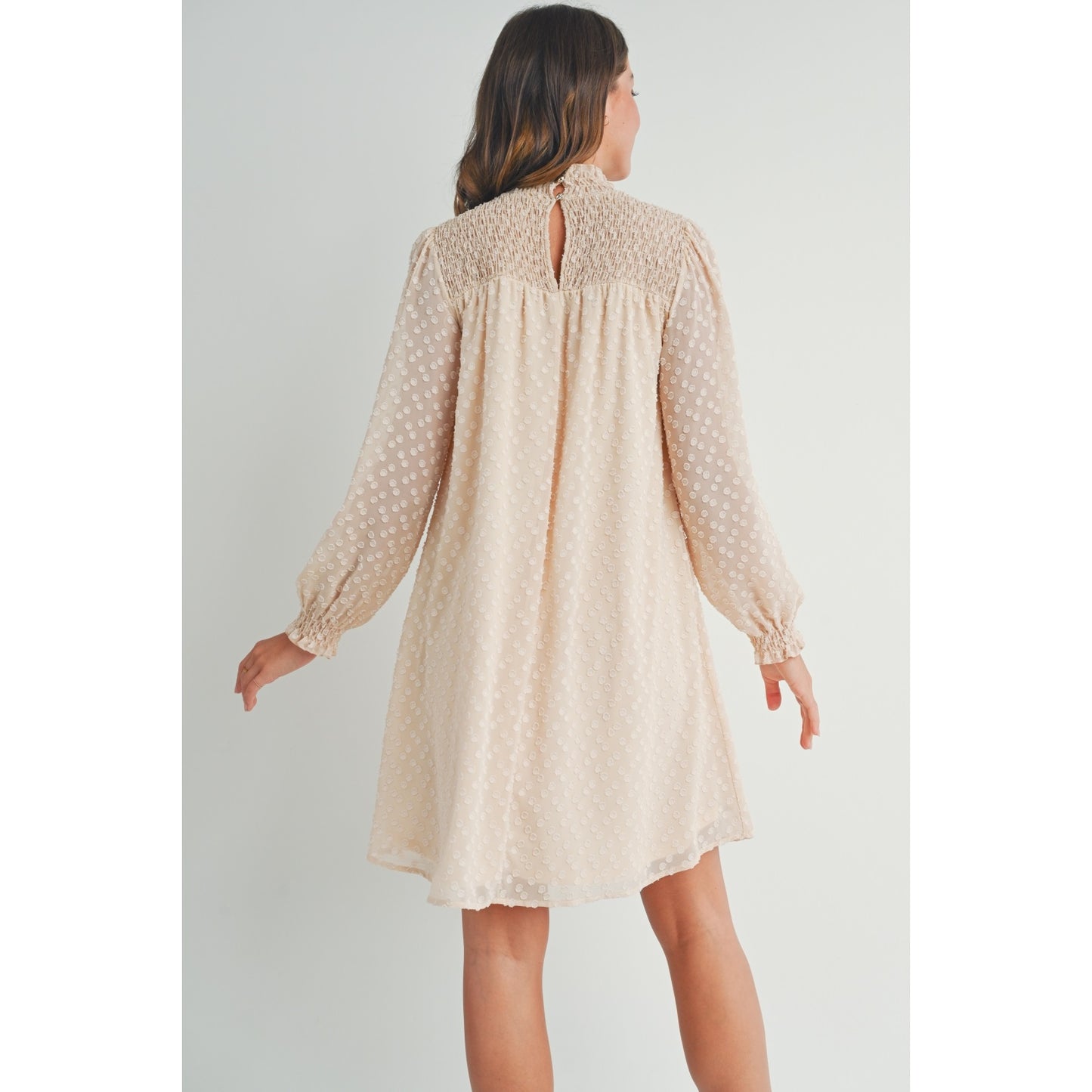 Cream Long Sleeve Mock Neck Maternity Dress