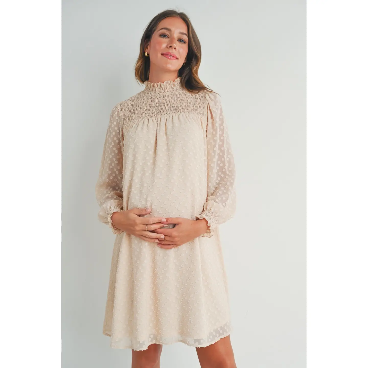 Cream Long Sleeve Mock Neck Maternity Dress