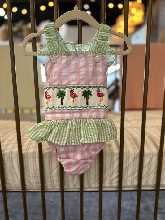 The Smocked Flamingo Green & Pink Striped Romper