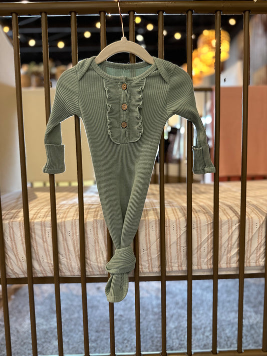 Green Ribbed & Ruffle Knotted Gown