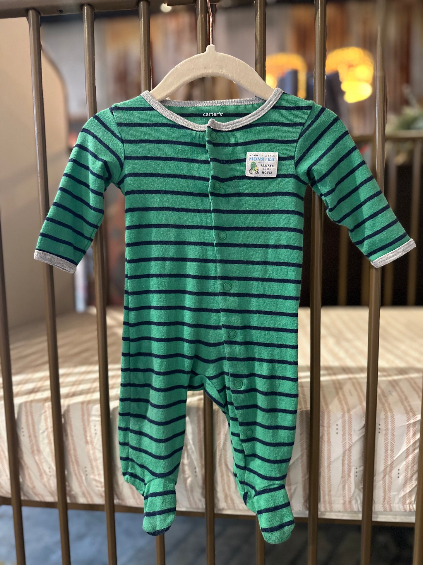 Carter's "Mommy's Little Monster" Navy & Green Stripped Sleeper