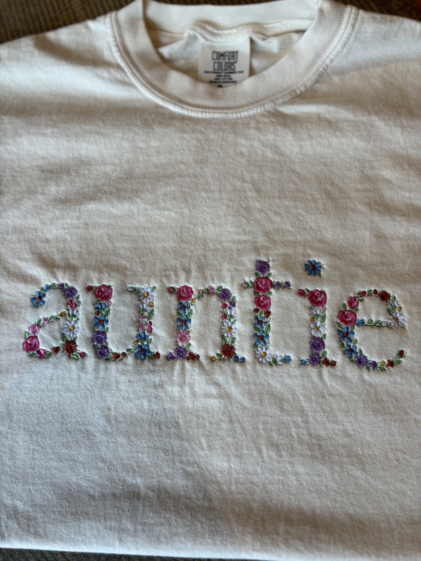 Auntie Floral Embroidered Ivory Tee