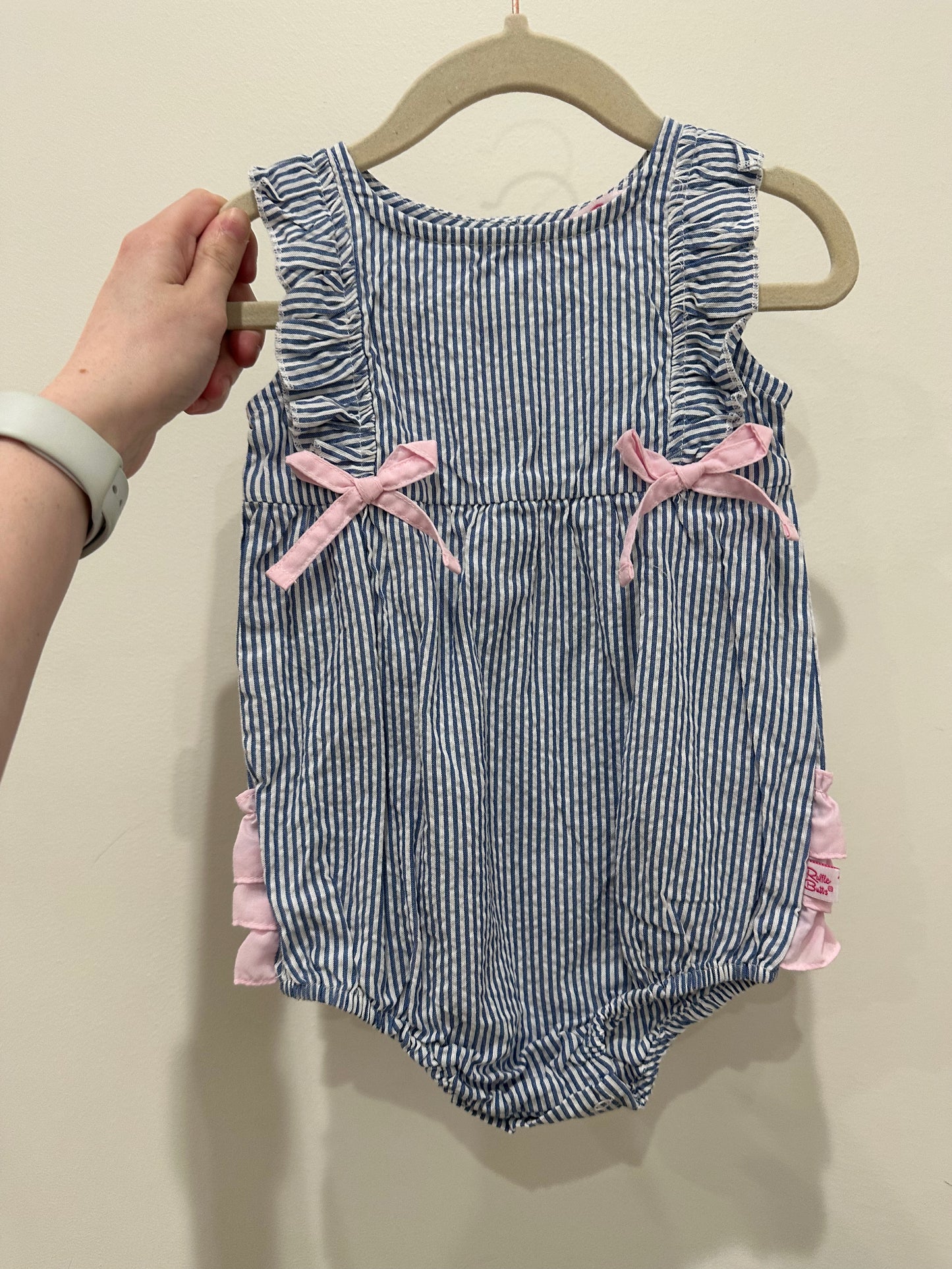 Ruffle Butts Blue Striped with Pink Ruffles