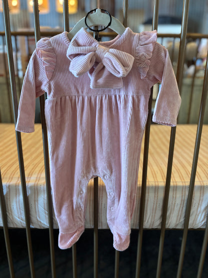 Mudpie Pink Ribbed Jumpsuit + Bow