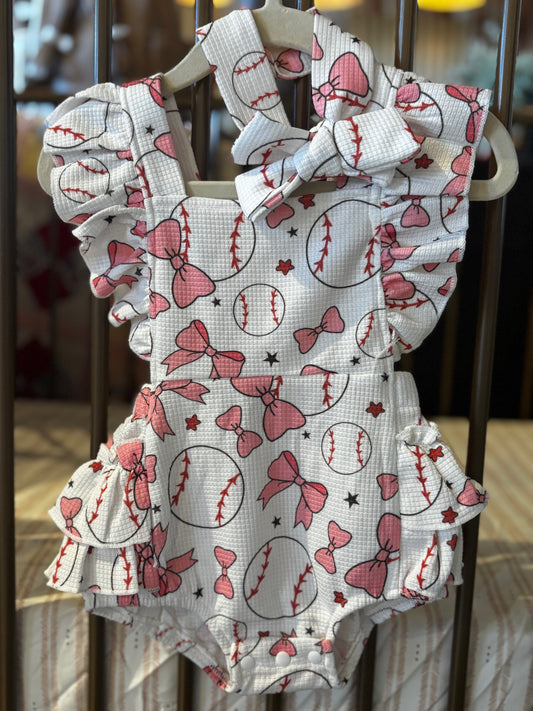 Pink Bows & Softball Romper + Bow