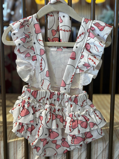 Pink Bows & Softball Romper + Bow