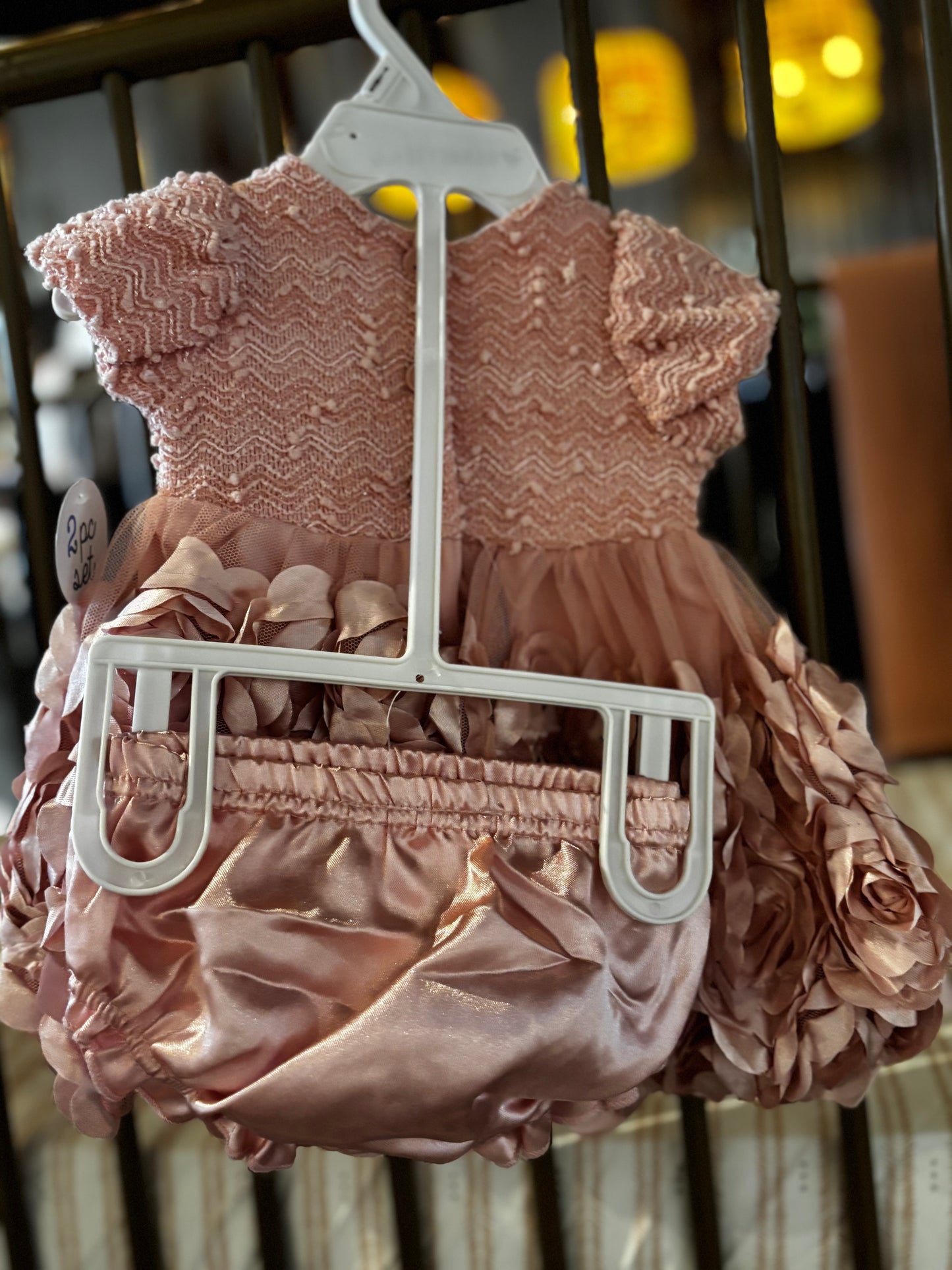 Pink Rosette Dress With Bloomers Set
