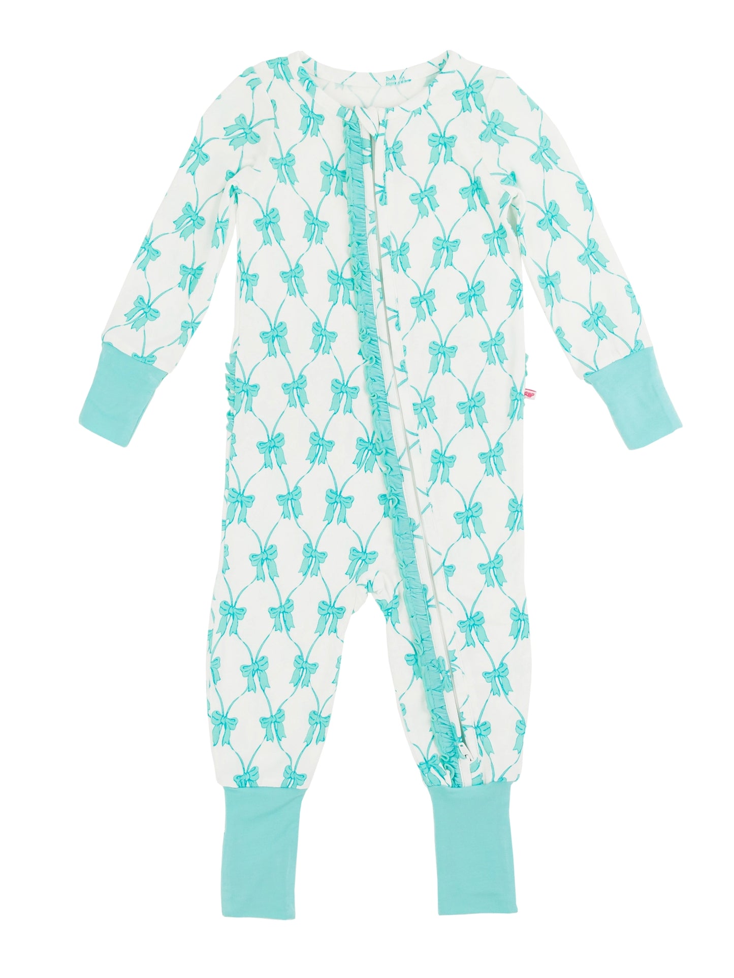 Teal Fairytale Bows Bamboo Ruffle Sleeper