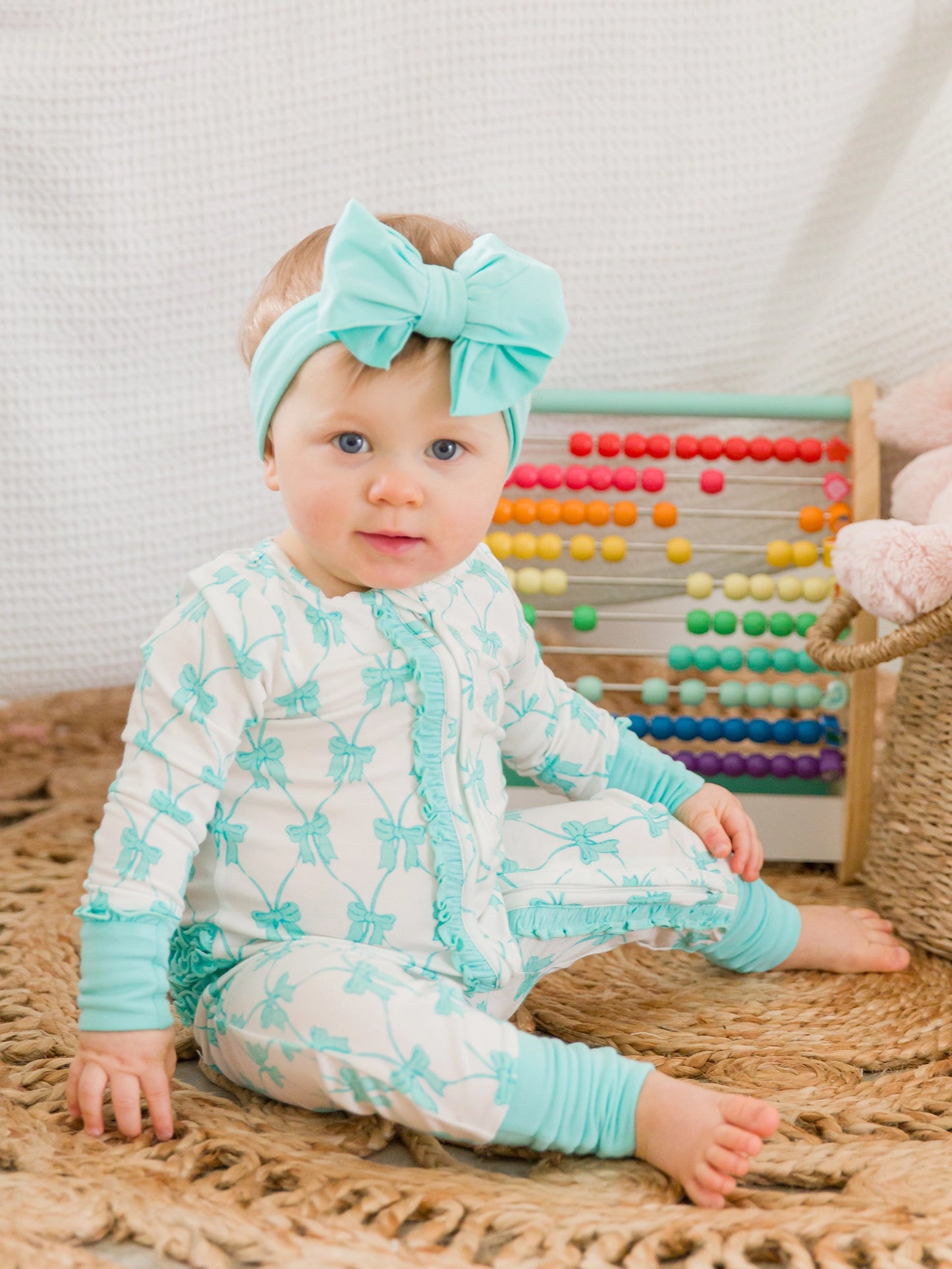 Teal Fairytale Bows Bamboo Ruffle Sleeper