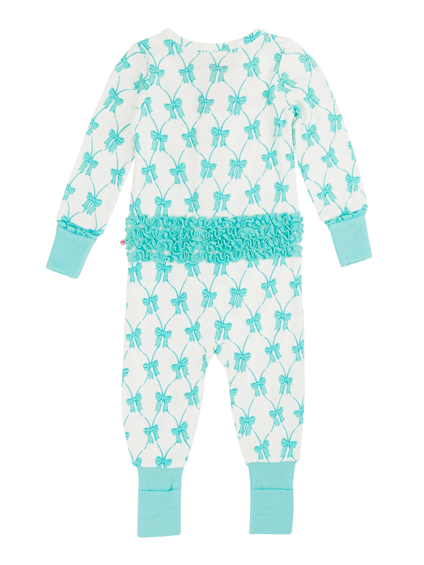 Teal Fairytale Bows Bamboo Ruffle Sleeper