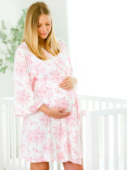 Women's Pink Butterfly Garden Toile Bamboo Mommy & Me Maternity Robe