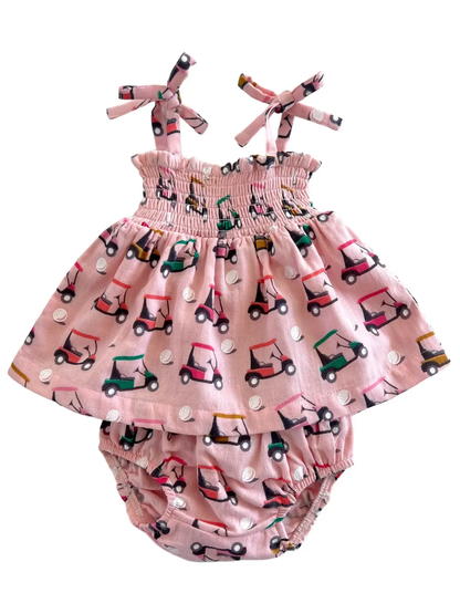 Pink Golf Cart Smocked Set