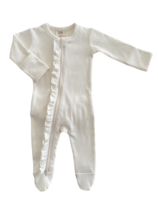 Ivory Ribbed Frill Zip Footie