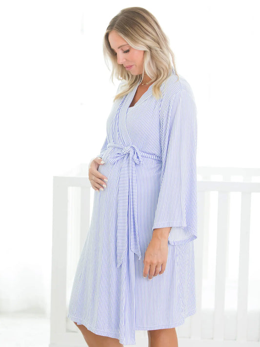 Women's Periwinkle Blue Micro Stripe Bamboo Mommy & Me Maternity Robe