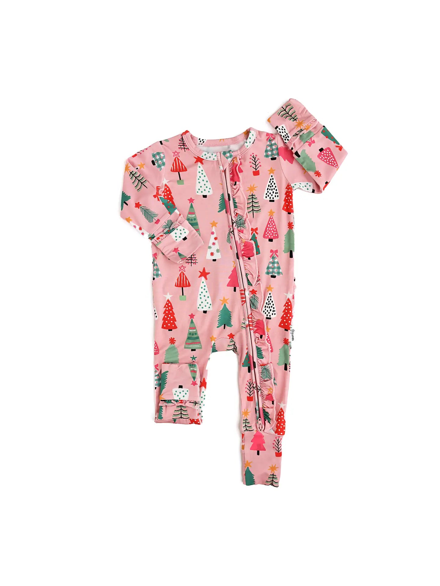 Noelle Pink Trees Ruffle Zip Bamboo Christmast Baby Pajamas