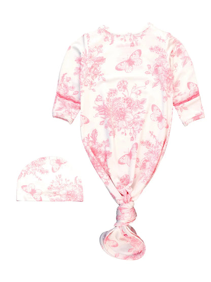 Pink Butterfly Garden Toile Bamboo Knotted Ruffle Gown & Hat Set