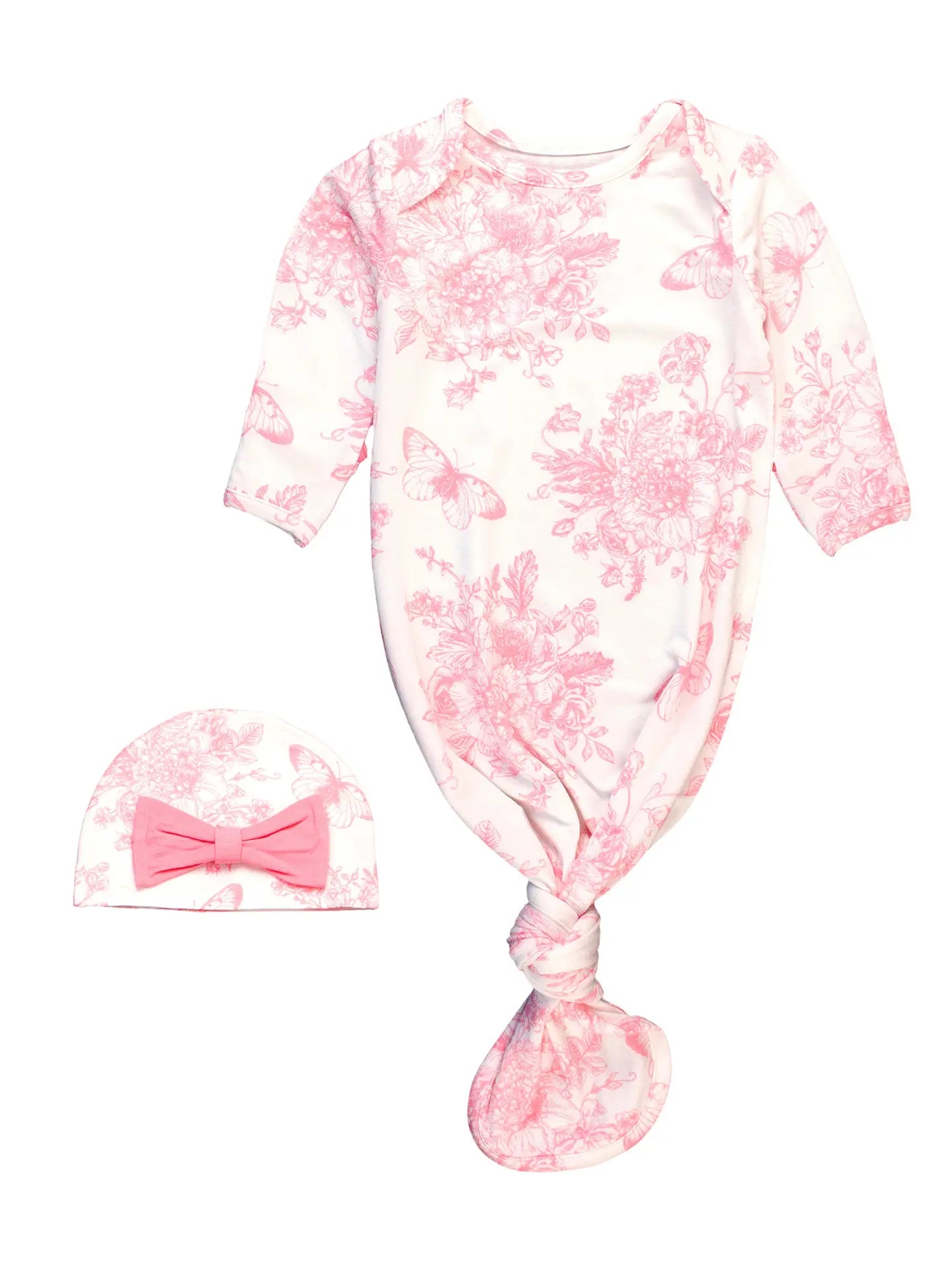 Pink Butterfly Garden Toile Bamboo Knotted Ruffle Gown & Hat Set