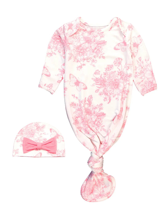 Pink Butterfly Garden Toile Bamboo Knotted Ruffle Gown & Hat Set