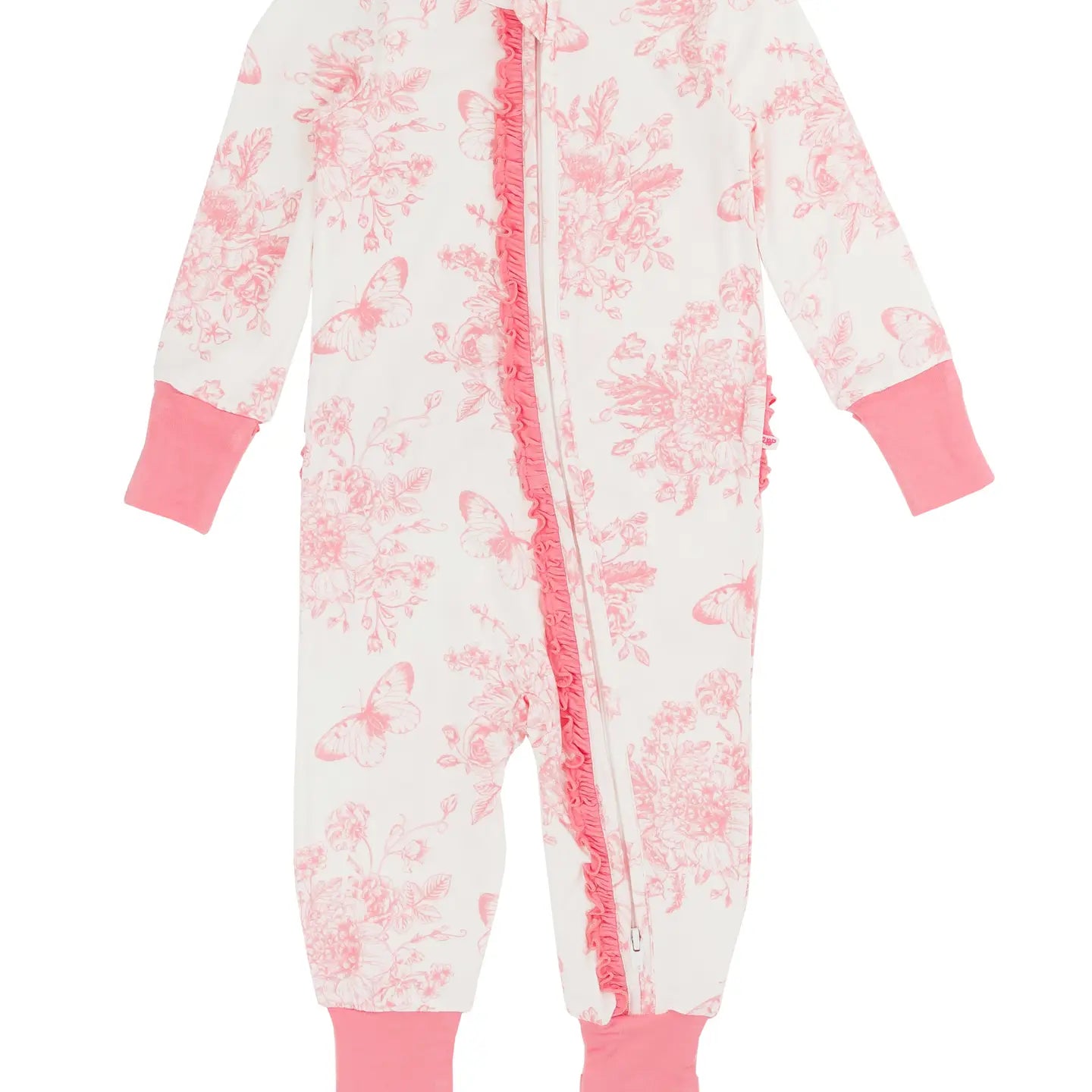 Baby Girls Pink Butterfly Garden Toile Bamboo Viscose Convertible Ruffle One Piece Pajama