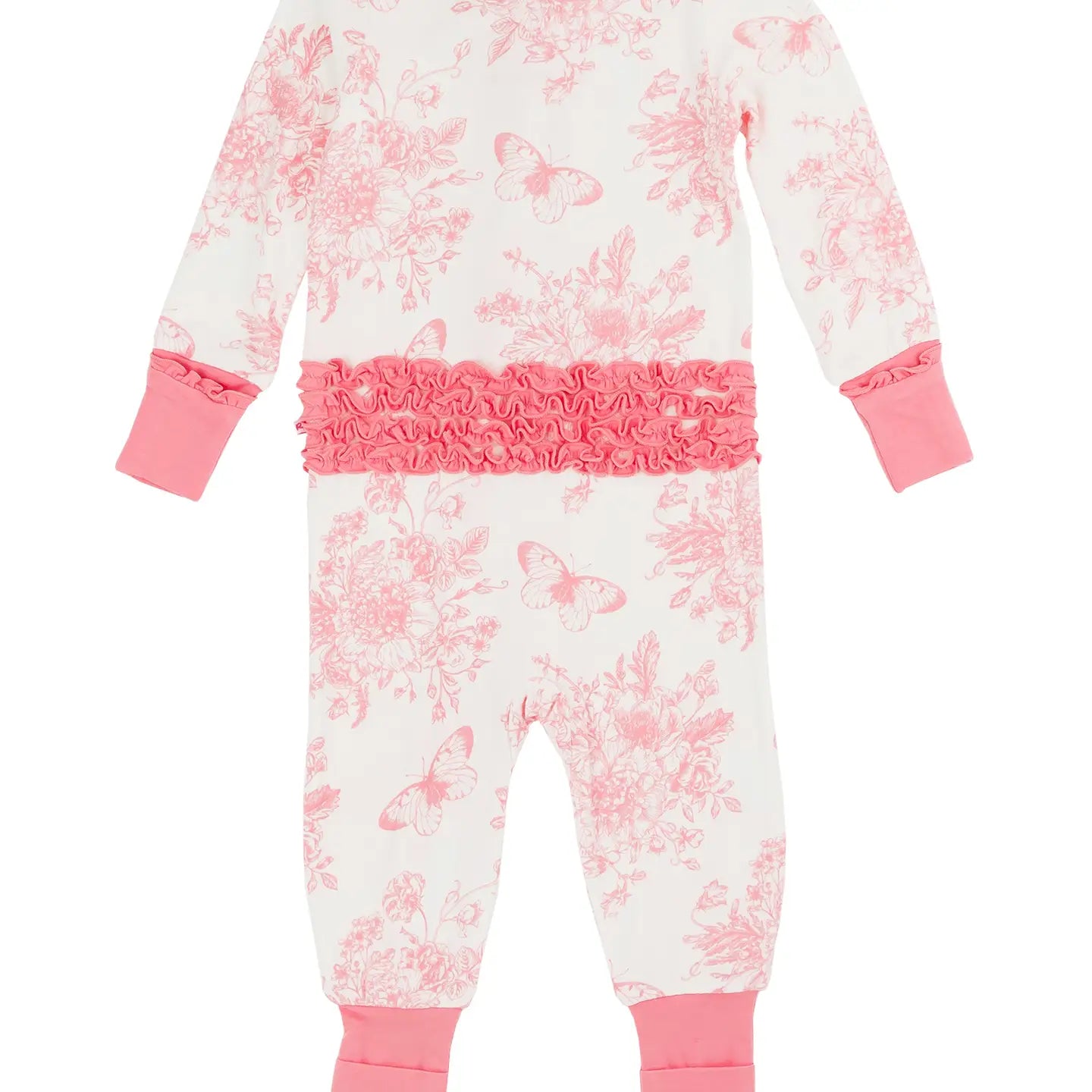 Baby Girls Pink Butterfly Garden Toile Bamboo Viscose Convertible Ruffle One Piece Pajama