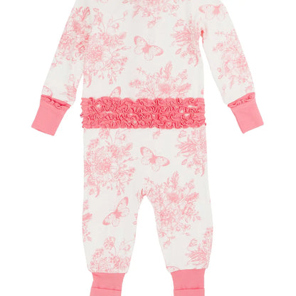 Baby Girls Pink Butterfly Garden Toile Bamboo Viscose Convertible Ruffle One Piece Pajama