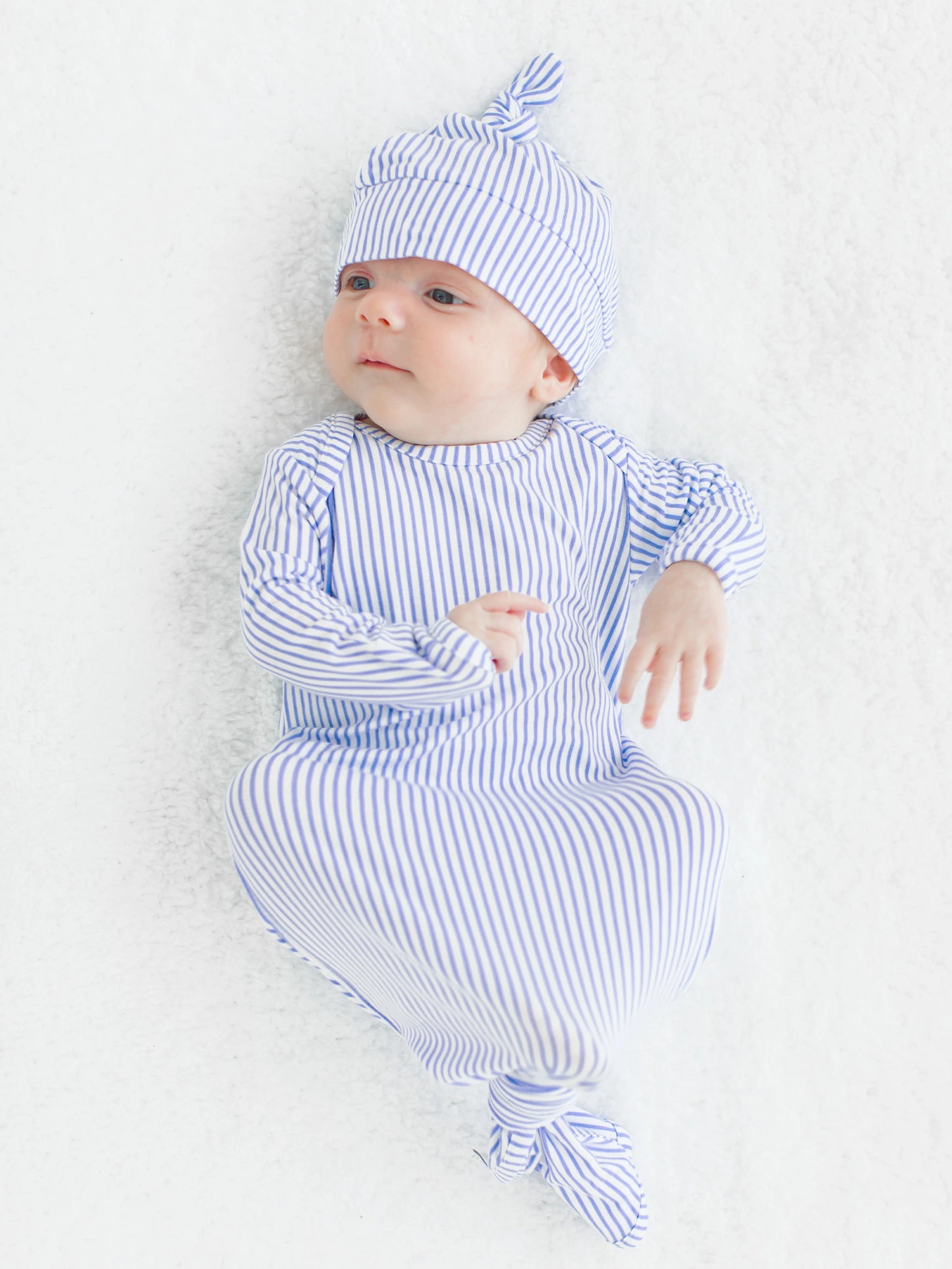 Periwinkle Blue Micro Stripe Bamboo Knotted Gown & Hat Set