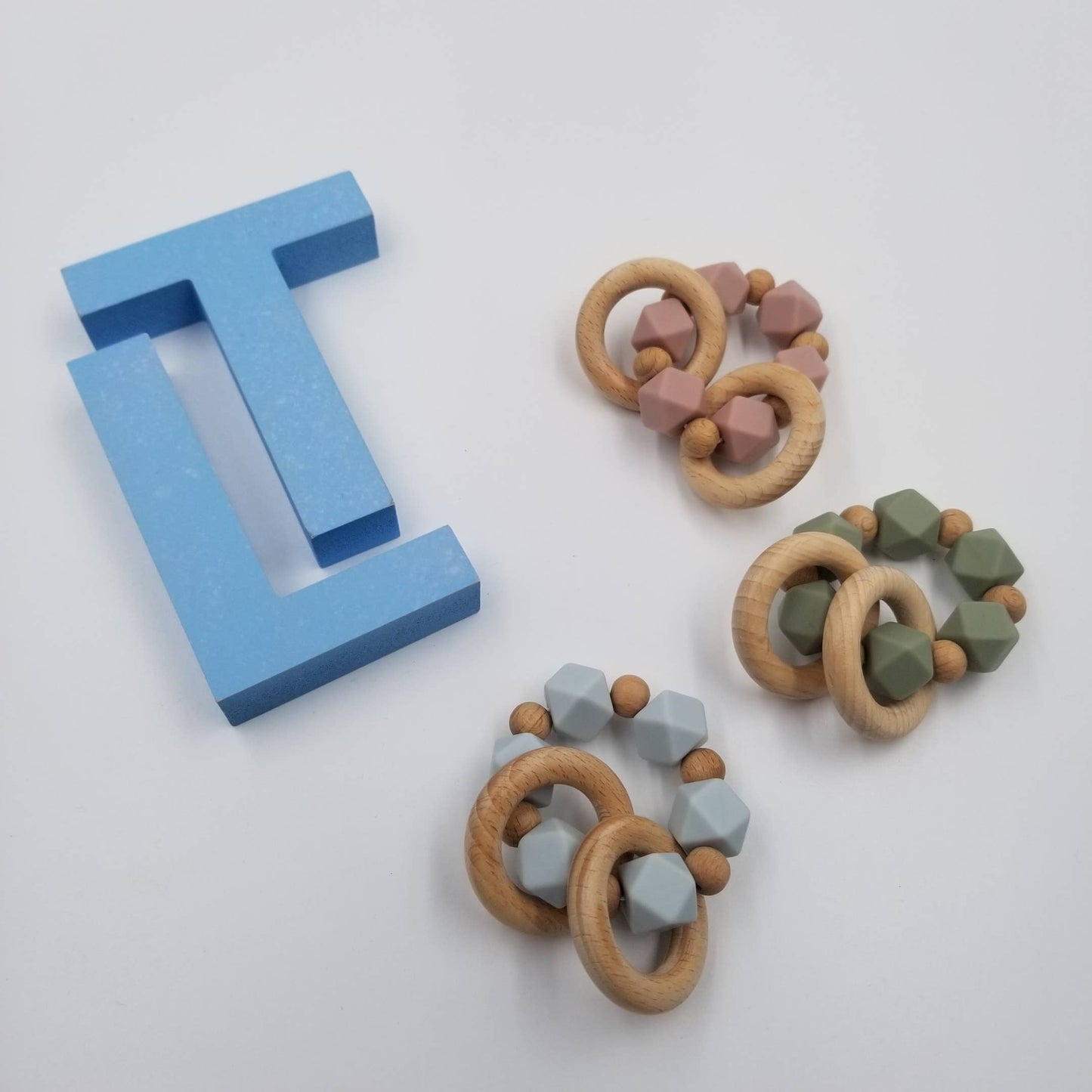 Silicone And Wooden Ring Teething Rattle