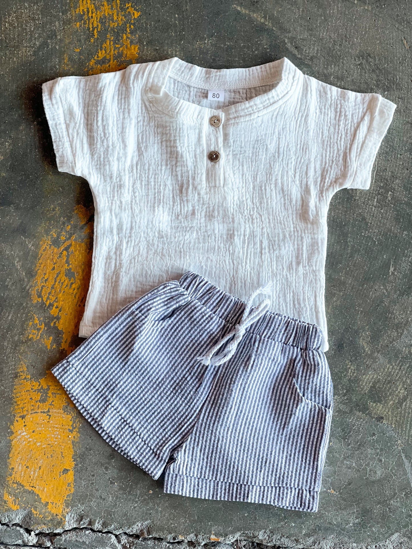 White Shirt & Striped Short Set